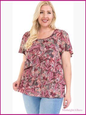 Plus Size Printed Mesh Ruffle Top Blouse